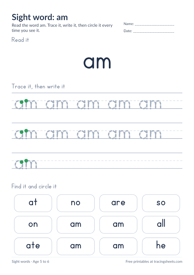 Preview of the printable sight word: am worksheet