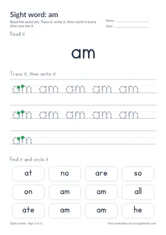 Preview of the sight word: am worksheet
