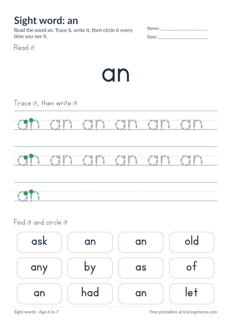 Preview of the printable sight word: an worksheet