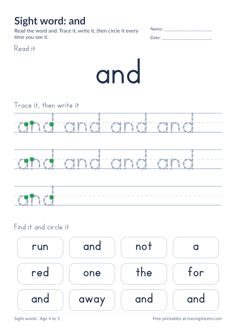 Preview of the printable sight word: and worksheet