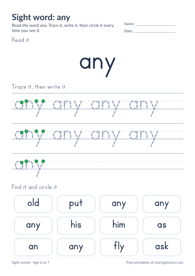 Preview of the printable sight word: any worksheet
