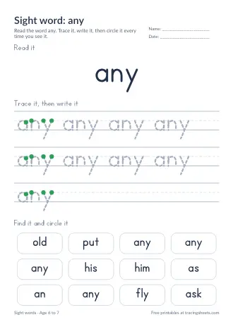 Preview of the sight word: any worksheet