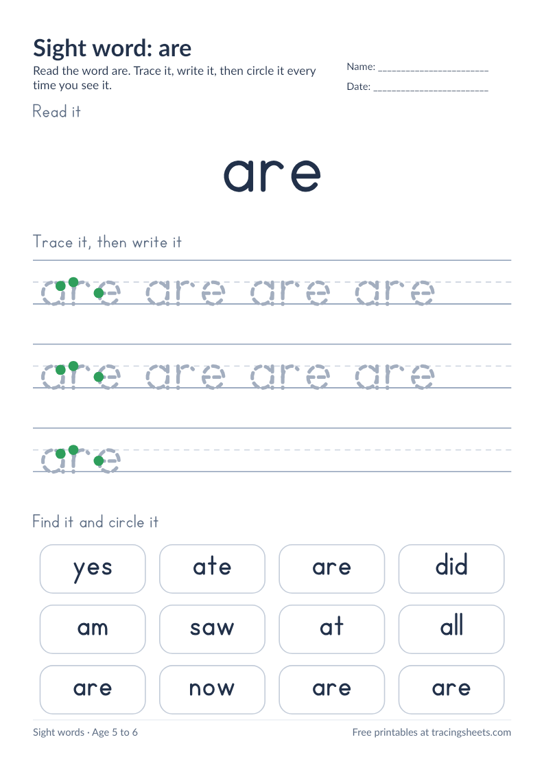 Preview of the printable sight word: are worksheet