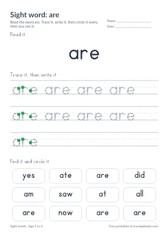 Preview of the sight word: are worksheet