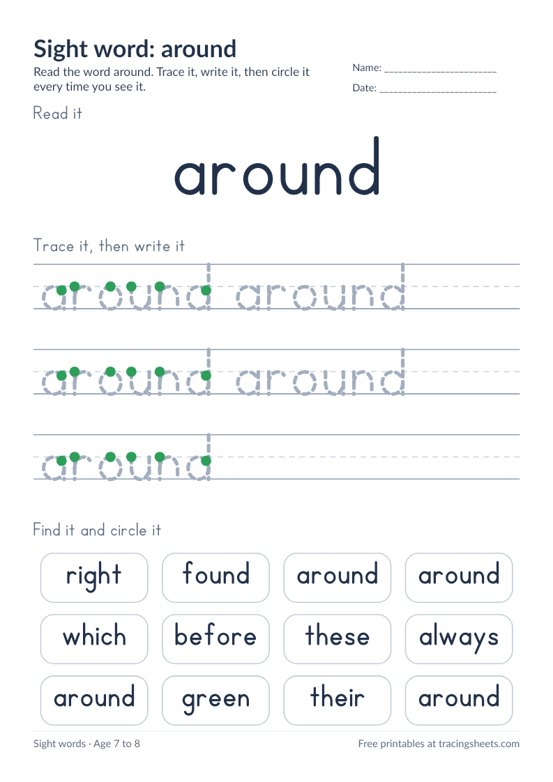 Preview of the printable sight word: around worksheet