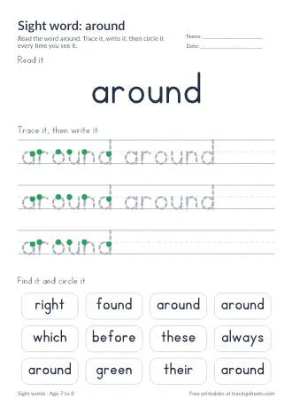 Preview of the sight word: around worksheet