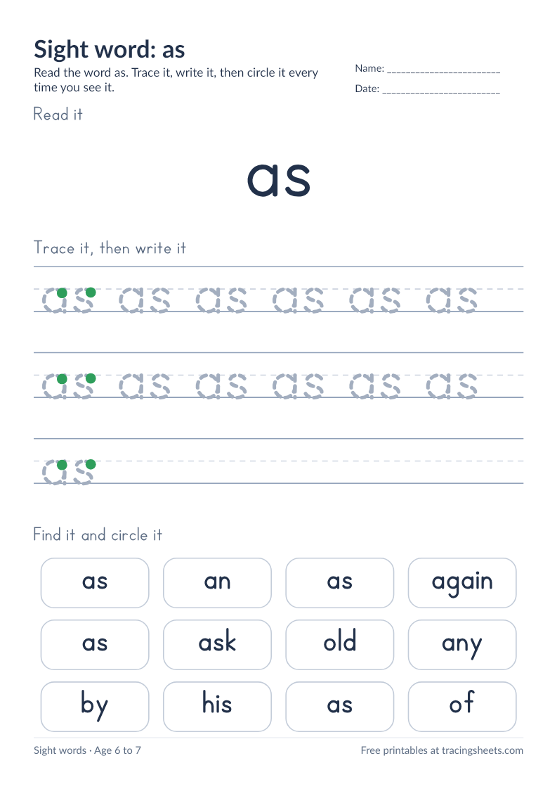 Preview of the printable sight word: as worksheet