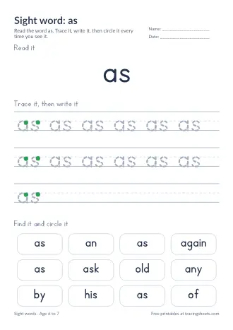 Preview of the sight word: as worksheet