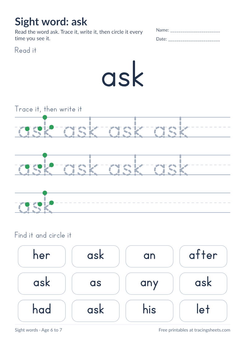 Preview of the printable sight word: ask worksheet