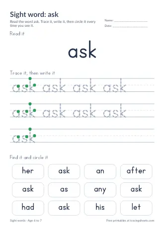 Preview of the sight word: ask worksheet