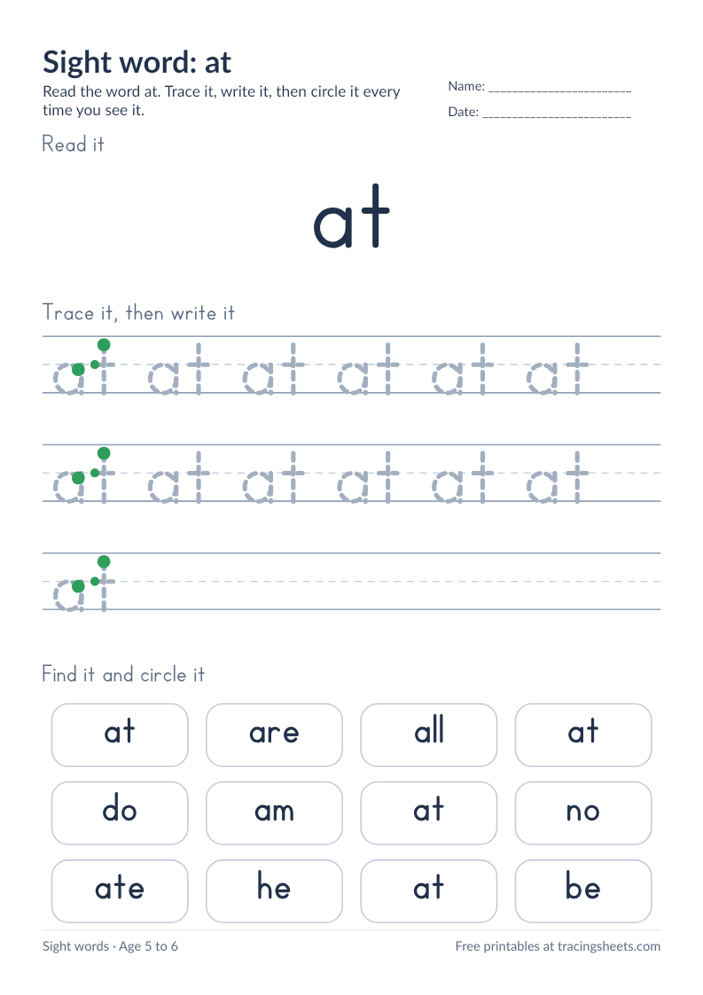 Preview of the printable sight word: at worksheet