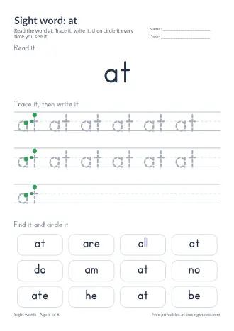 Preview of the sight word: at worksheet