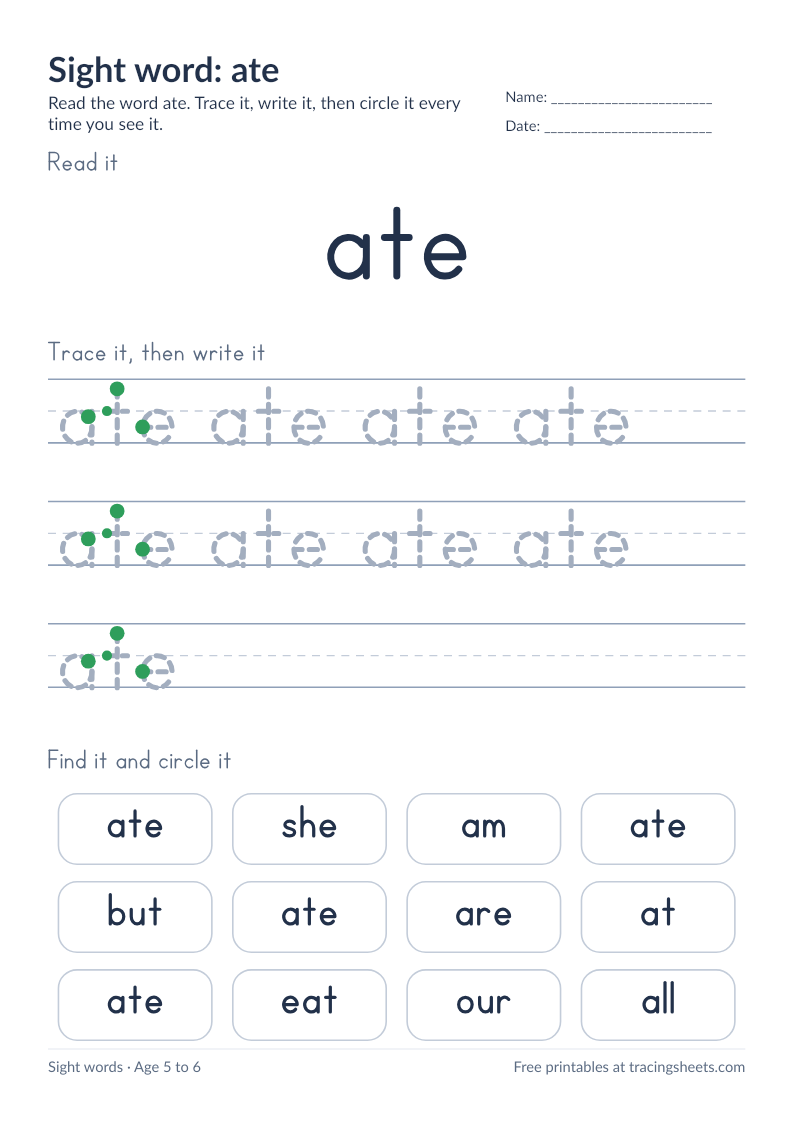 Preview of the printable sight word: ate worksheet