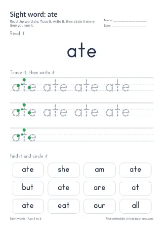 Preview of the sight word: ate worksheet
