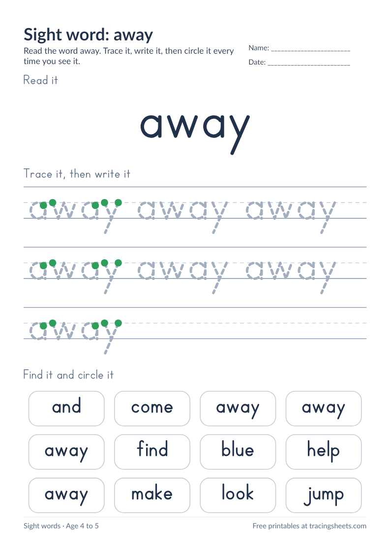 Preview of the printable sight word: away worksheet