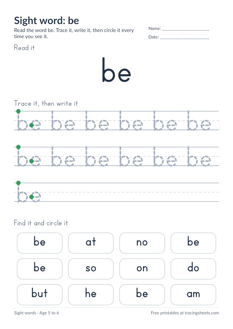 Preview of the printable sight word: be worksheet