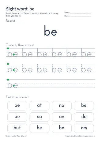 Preview of the sight word: be worksheet