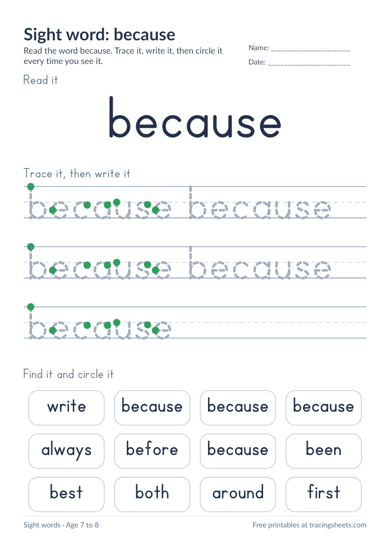 Preview of the printable sight word: because worksheet