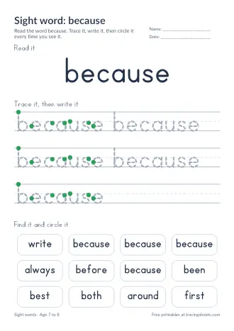 Preview of the sight word: because worksheet
