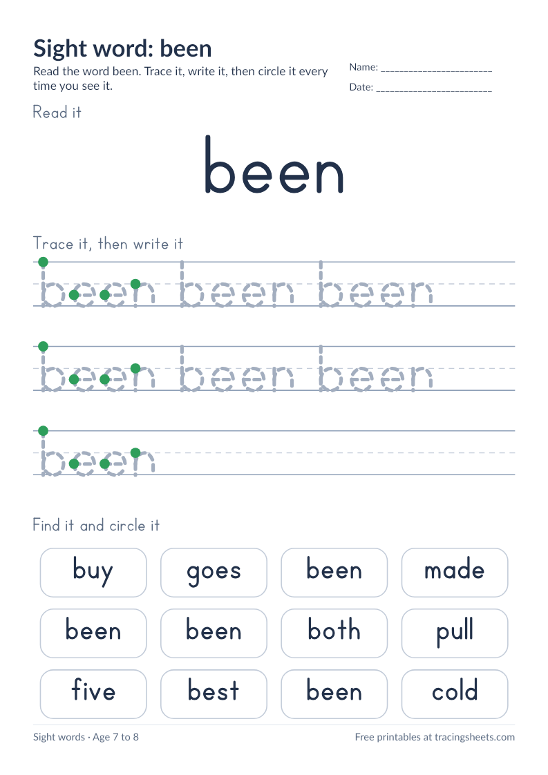 Preview of the printable sight word: been worksheet