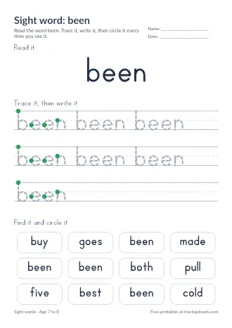 Preview of the sight word: been worksheet