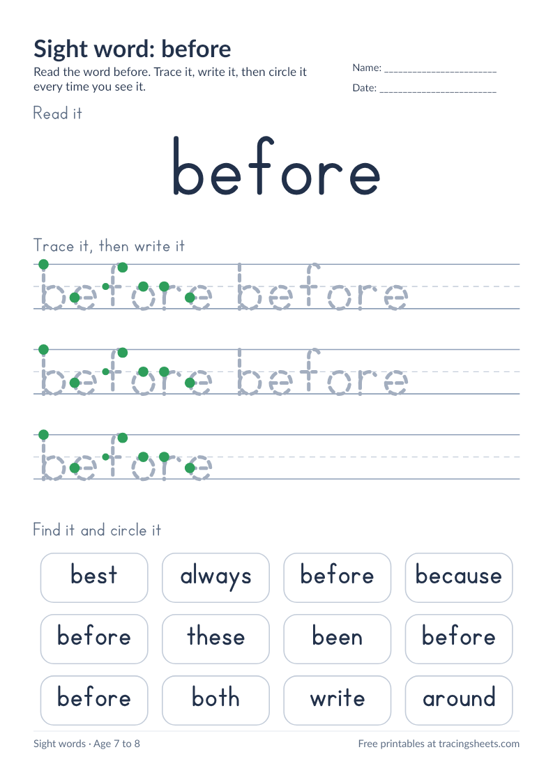 Preview of the printable sight word: before worksheet