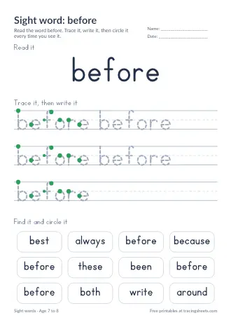 Preview of the sight word: before worksheet