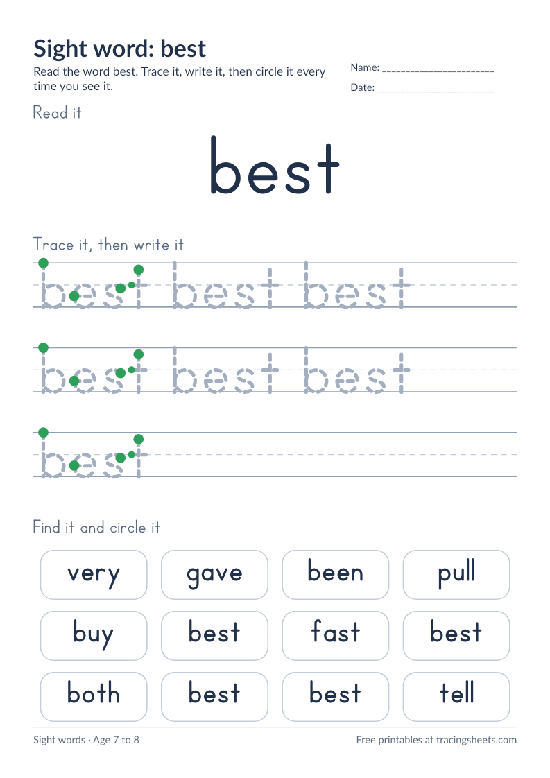 Preview of the printable sight word: best worksheet