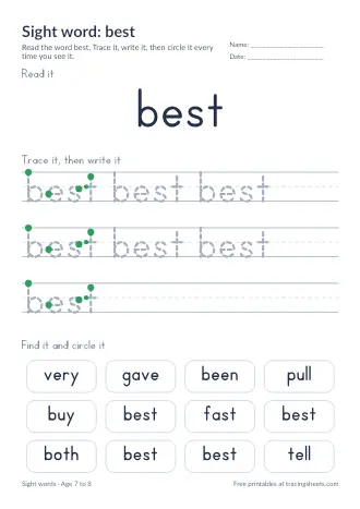 Preview of the sight word: best worksheet