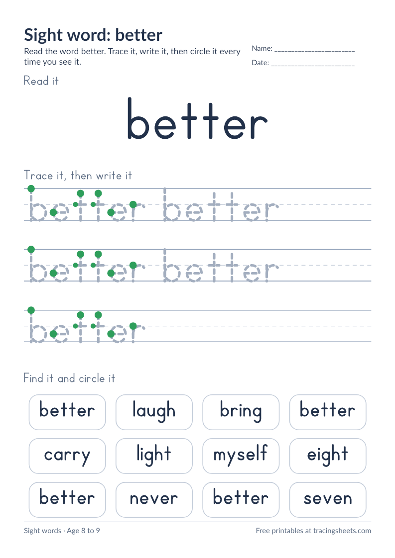 Preview of the printable sight word: better worksheet