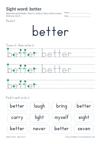 Preview of the sight word: better worksheet