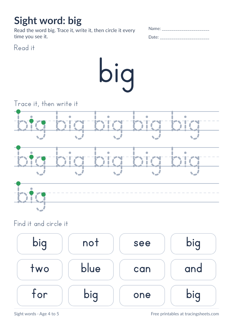 Preview of the printable sight word: big worksheet
