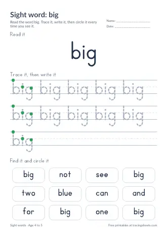Preview of the sight word: big worksheet