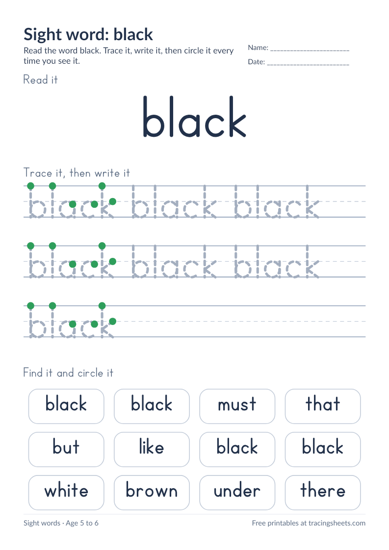 Preview of the printable sight word: black worksheet