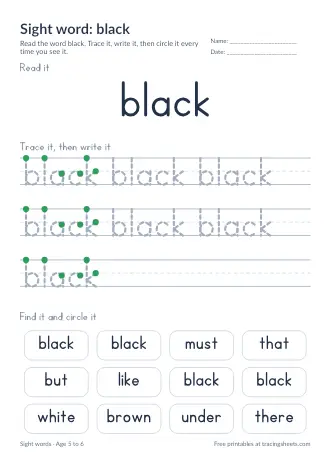Preview of the sight word: black worksheet