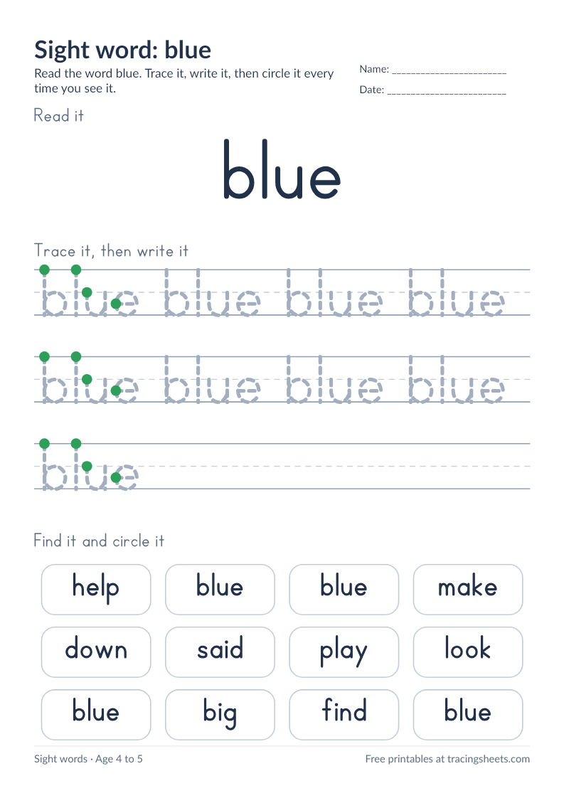 Preview of the printable sight word: blue worksheet