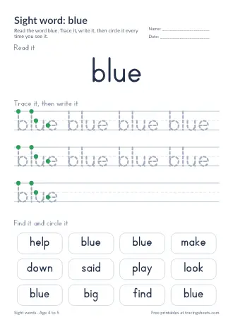 Preview of the sight word: blue worksheet