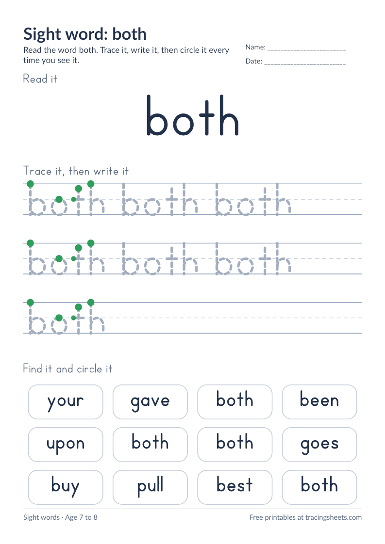 Preview of the printable sight word: both worksheet
