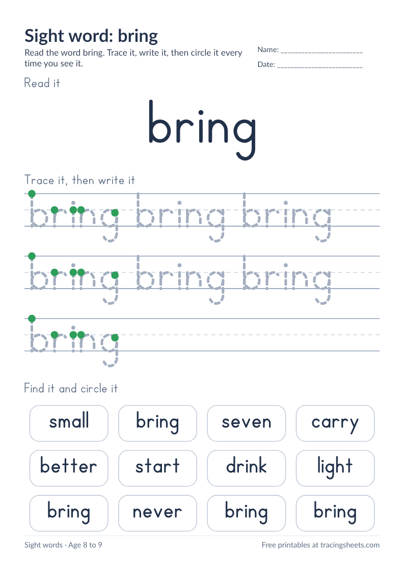 Preview of the printable sight word: bring worksheet