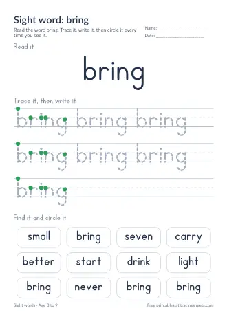 Preview of the sight word: bring worksheet