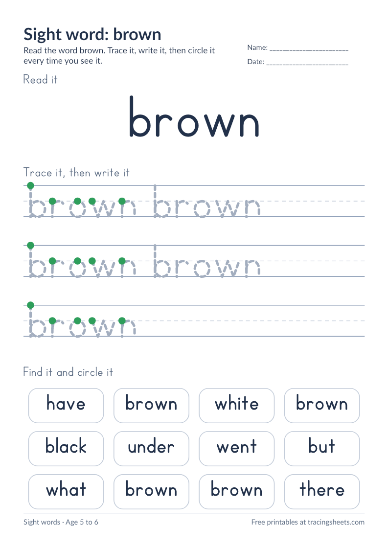 Preview of the printable sight word: brown worksheet
