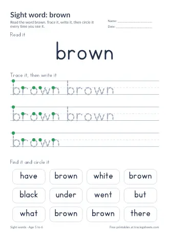 Preview of the sight word: brown worksheet