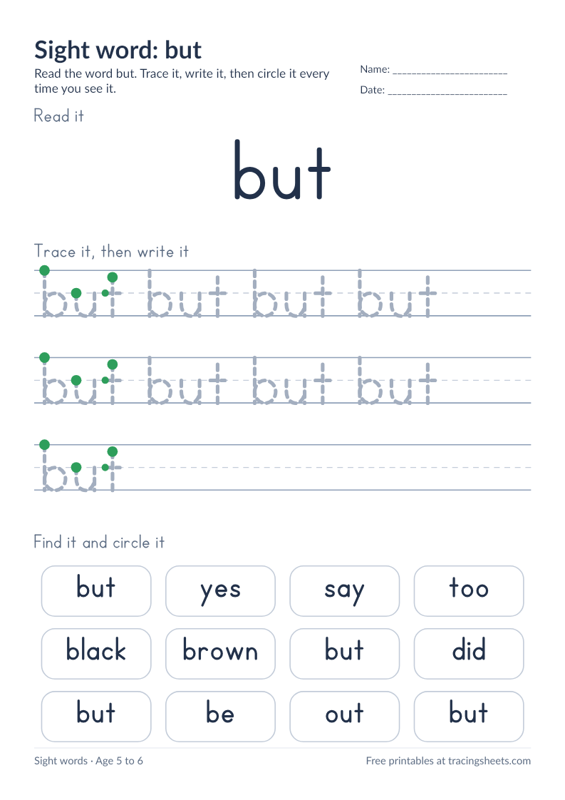 Preview of the printable sight word: but worksheet