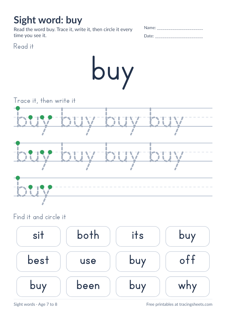Preview of the printable sight word: buy worksheet