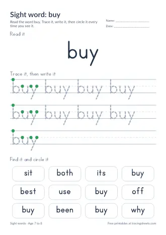 Preview of the sight word: buy worksheet