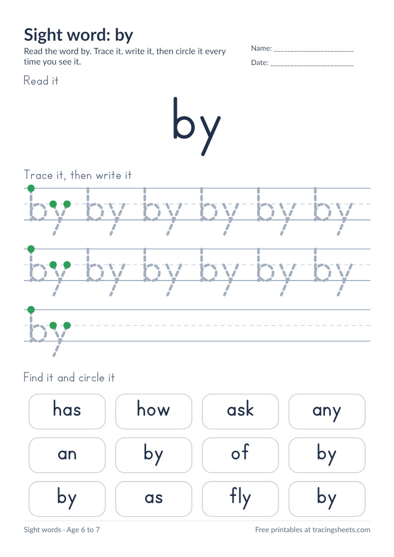 Preview of the printable sight word: by worksheet