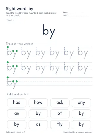 Preview of the sight word: by worksheet