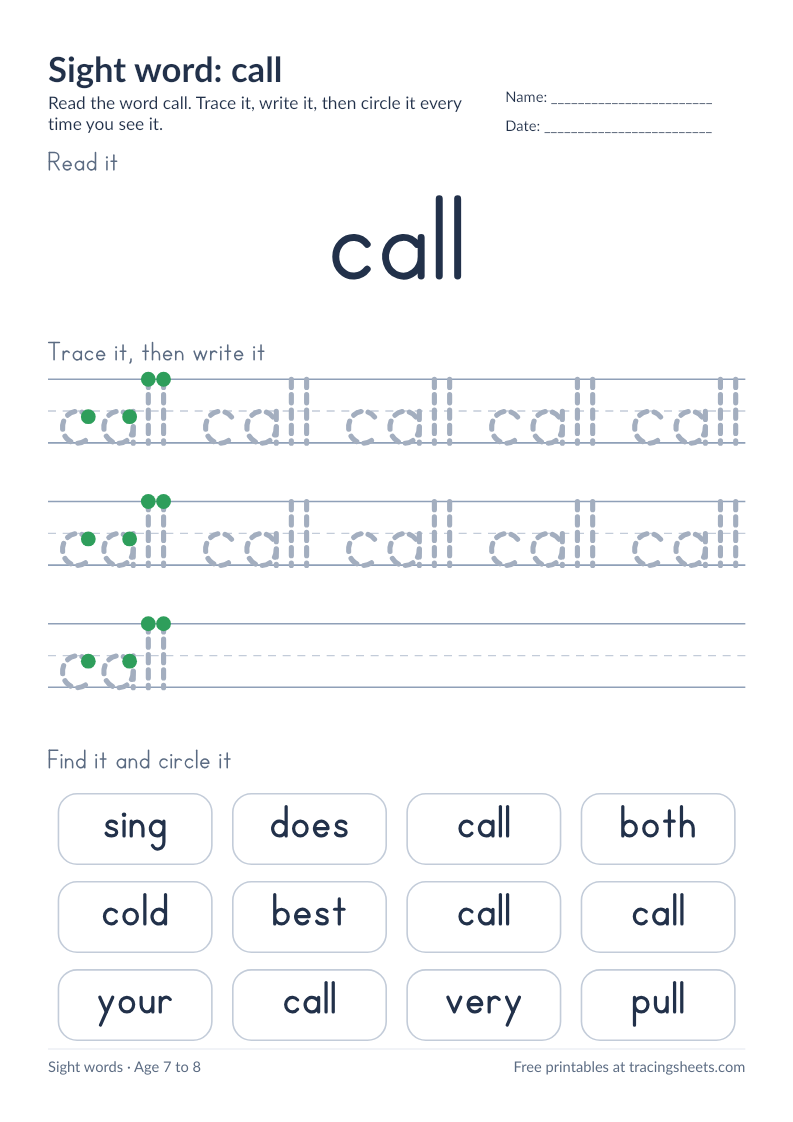 Preview of the printable sight word: call worksheet