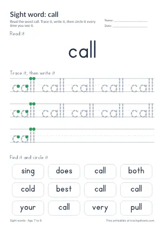 Preview of the sight word: call worksheet