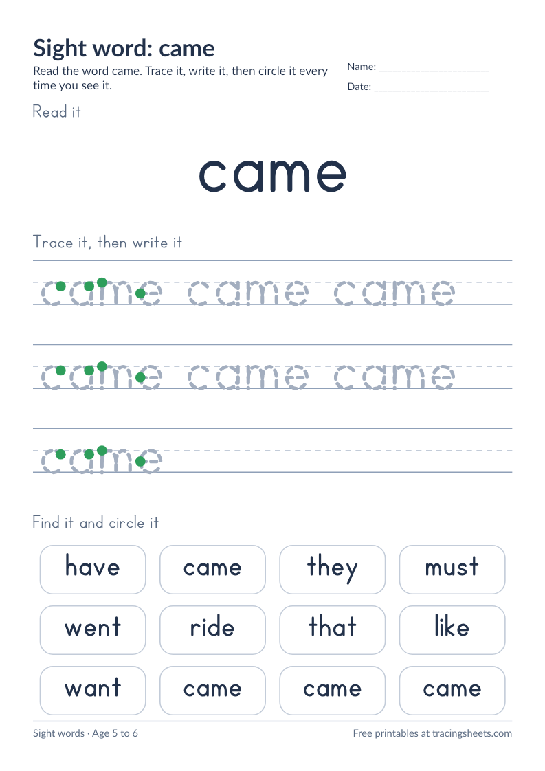 Preview of the printable sight word: came worksheet